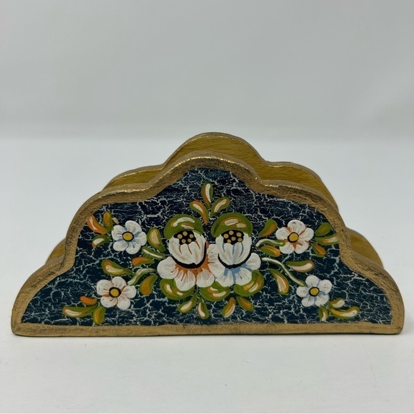 Vintage Other - Vintage Blue Wood Napkin Hand Painted White Flowers Double Sided Gold Tone